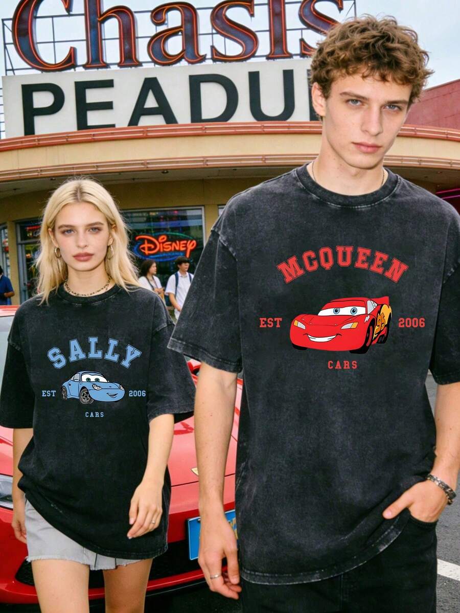 Disney Officially Licensed Graphic T Shirts 100 Percent Cotton Disney Shirt, Lightning McQueen Couple T-Shirt, Unisex, Washed 230g, Retro Vintage, Crew Neck Short Sleeve, Casual Daily Wear - 黑2 - 查看 1