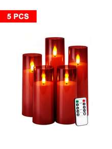5pcs Flameless Candle Lights With Timer/Remote Control, Battery Powered, Wish Candle Lights, Flameless Odorless Smokeless LED Candles, 5pcs Realistic Wick Pillar Candles, Warm Flame, Suitable For Home, Bedroom, Wedding, Proposal, Christmas, Halloween, Mother's Day, Valentine's Day, Company Gathering Party - Red - View 10
