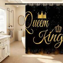 奢华黑金国王和王后皇冠图案浴帘，防水防霉涤纶材质，现代时尚浴室装饰配件，带挂钩，加厚隐私帘，适用于淋浴房和浴缸，易于安装、清洁、快干，时尚皇家图案，不褪色防水，必备浴室配件 - 黑黃 - 查看 8