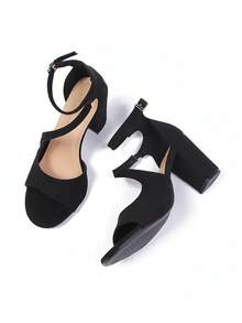 2026夏季新款女士黑色绒面革后跟高跟凉鞋，8厘米粗跟踝带露趾鞋 - 黑色 - 查看 8