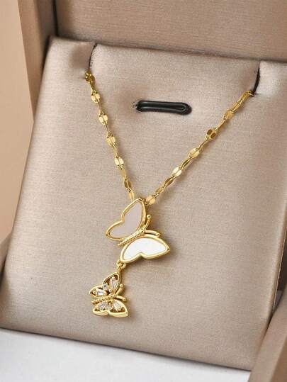 1 pieza Collar de acero inoxidable con mariposa de circonita cúbica blanca de moda para mujeres, joyería dorada, collar dorado, adecuado para verano, vacaciones, fiesta de playa, regalo, para amigos y amantes, uso diario