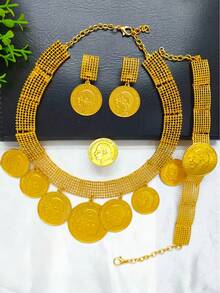 4件套女士镀金肖像硬币吊坠首饰套装，包括项链、手链、戒指和耳环，适合婚礼、派对、母亲节、情人节、生日、音乐节、节日等场合，是送给妈妈、姐妹、女友的礼物。 - 金黃色 - 查看 2