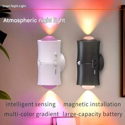 1个LED半嵌入式壁灯 - 人体感应夜灯，RGB可充电，无线磁吸壁灯，适用于楼梯、卧室、走廊、庭院、节日装饰，无线LED壁灯，黑色
