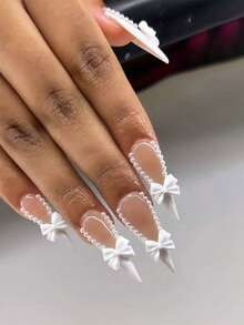 24pcs Long Pointed Nail Stickers, Elegant Butterfly & Pearl Design, Versatile For Daily Wear, Wedding & Party, Includes 1 Nail File - White - View 1