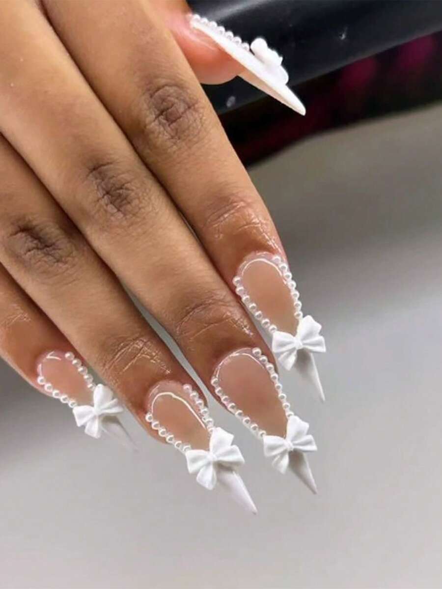 24pcs Long Pointed Nail Stickers, Elegant Butterfly & Pearl Design, Versatile For Daily Wear, Wedding & Party, Includes 1 Nail File - White - View 1