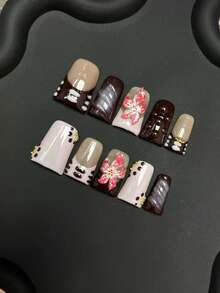 10pcs Pure Handmade Press On Nails Mid-Length Duckbill Nail Brown Beige Pink And Golden Nails With Three-Dimensional Flowers Fancy Cute Pain Y2k Gentle Stroble Flash Temperament For Women And Gril,Spring Summer Fall Winter,Holiday And Dailys Life Use - Multicolor - View 2
