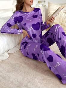 Ensemble de pyjama et de vêtements d'intérieur avec manches longues et pantalon long pour femmes, spécialement conçu pour la Saint-Valentin, avec des imprimés de cœurs et de slogans, convenant à l'automne et à l'hiver, tissu confortable et coupe ample pour une soirée cocooning, décoré d'un beau motif, pantalon long avec taille élastique. - Couleurs mélangées - Voir 2