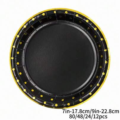 7/9 Inch Black Disposable Plates With Gold Rim, Leak-Proof Thickened Paper Plates, 3-Second Cleanup, Party/Camping/Home Use, 80/48/24/12pcs Disposable Paper Plates, Cake Plates, Food Plates For Wedding, Birthday, Party, Christmas, Thanksgiving, Halloween, Ramadan, Easter Decoration And Kitchen Supplies