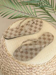 Women's Letter Jacquard Flat Slide Sandals, With Gold Metal Buckle, Slip-On Open Toe Casual Beach Slippers - Khaki - View 7