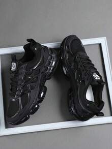 2026 Latest Men's Sneakers, All Black Thick Sole Chunky Sneakers, Increase Height, Shock Absorption, Breathable Mesh, Street Style, Leather & Mesh Combination, Marathon Running Shoes, Large Size 46, Fashionable Handsome Men Shoes - màu đen - Xem 4