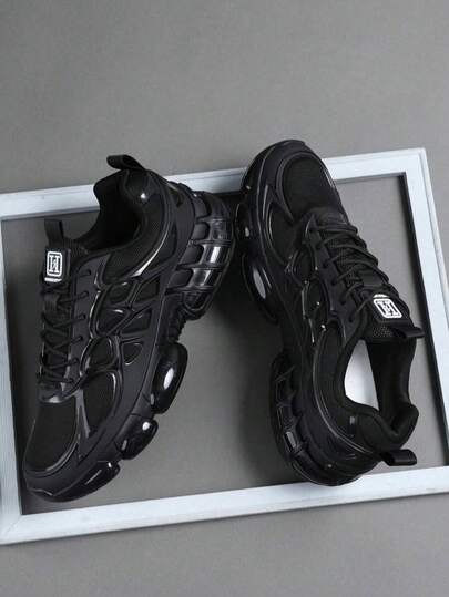 2026 Latest Men's Sneakers, All Black Thick Sole Chunky Sneakers, Increase Height, Shock Absorption, Breathable Mesh, Street Style, Leather & Mesh Combination, Marathon Running Shoes, Large Size 46, Fashionable Handsome Men Shoes