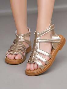 1 đôi sandal cao cổ đế bằng kiểu dáng tối giản mới dành cho bé gái, đế mềm chống trơn trượt, giày đi biển đa năng phù hợp cho mùa hè. - Vàng - Xem 4