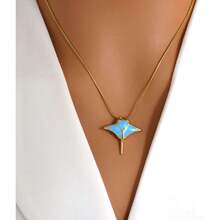 Manta Ray Pendant Necklace, Opal, Manta Ray, Snake, Stainless Steel Necklace, Wheat Chain, For Women, Men, Summer, Beach, Mobula, 42555807 - 駝色 - 查看 5
