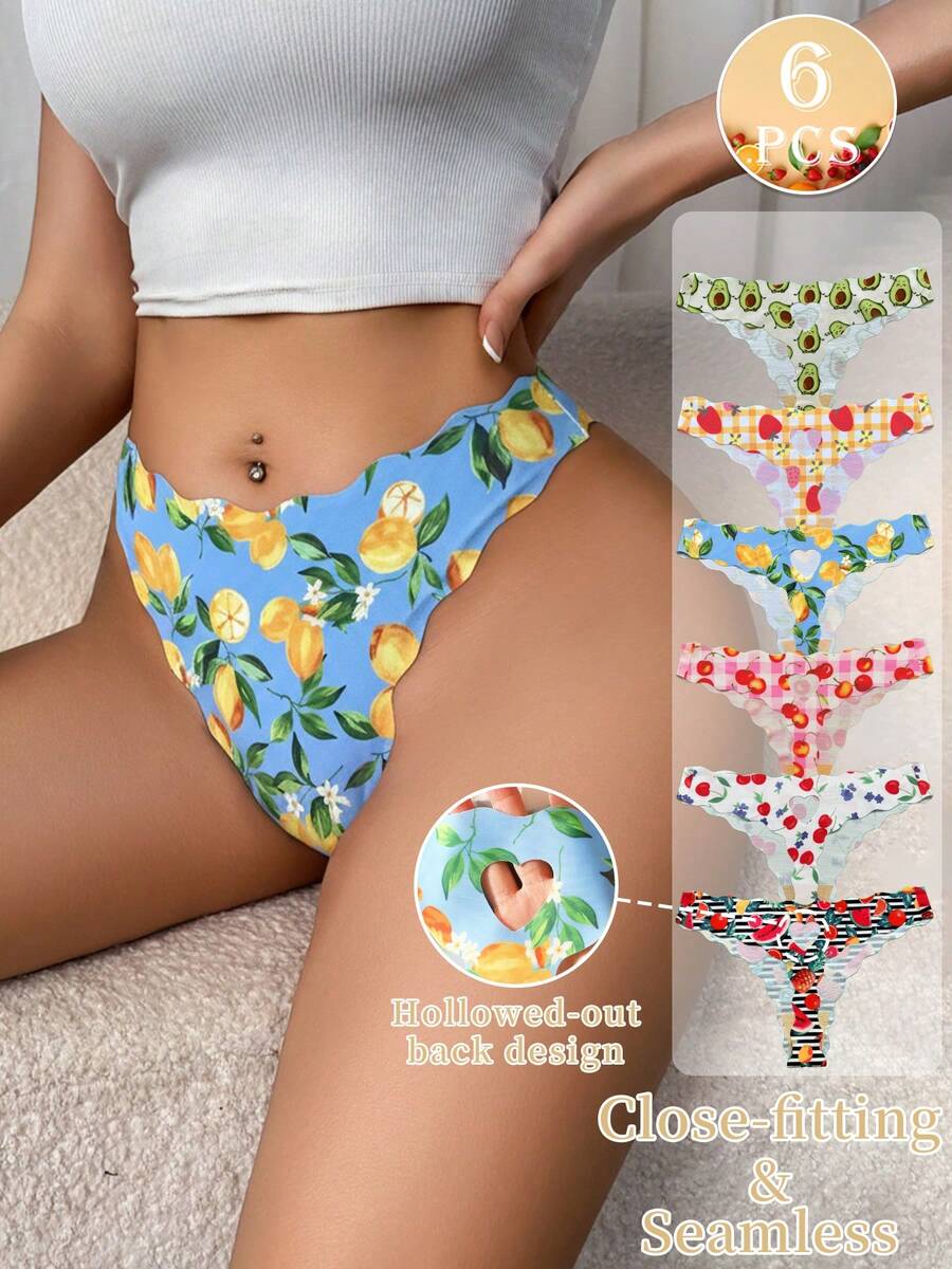 6条/包 情人节女士水果印花心形镂空设计舒适性感低腰丁字裤