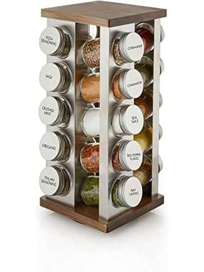 20 Jar Revolving Countertop Spice Rack With Spices Included, FREE Spice Refills For 5 Years, Polished Stainless Steel With Black Caps
