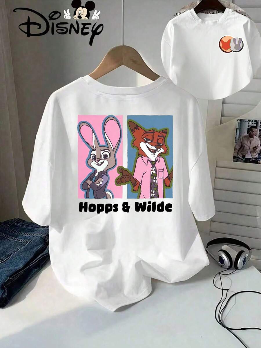 Women's Casual Disney Zootopia Hopps & Wilde Print Cotton T-Shirt, Short Sleeve Round Neck Regular Fit Top For Everyday Wear - 白色 - 查看 1