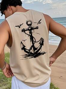 1 chiếc áo tank top nam mùa hè in hình chim mòng biển và mỏ neo, kiểu dáng thường ngày, không tay. - Màu be - Xem 1