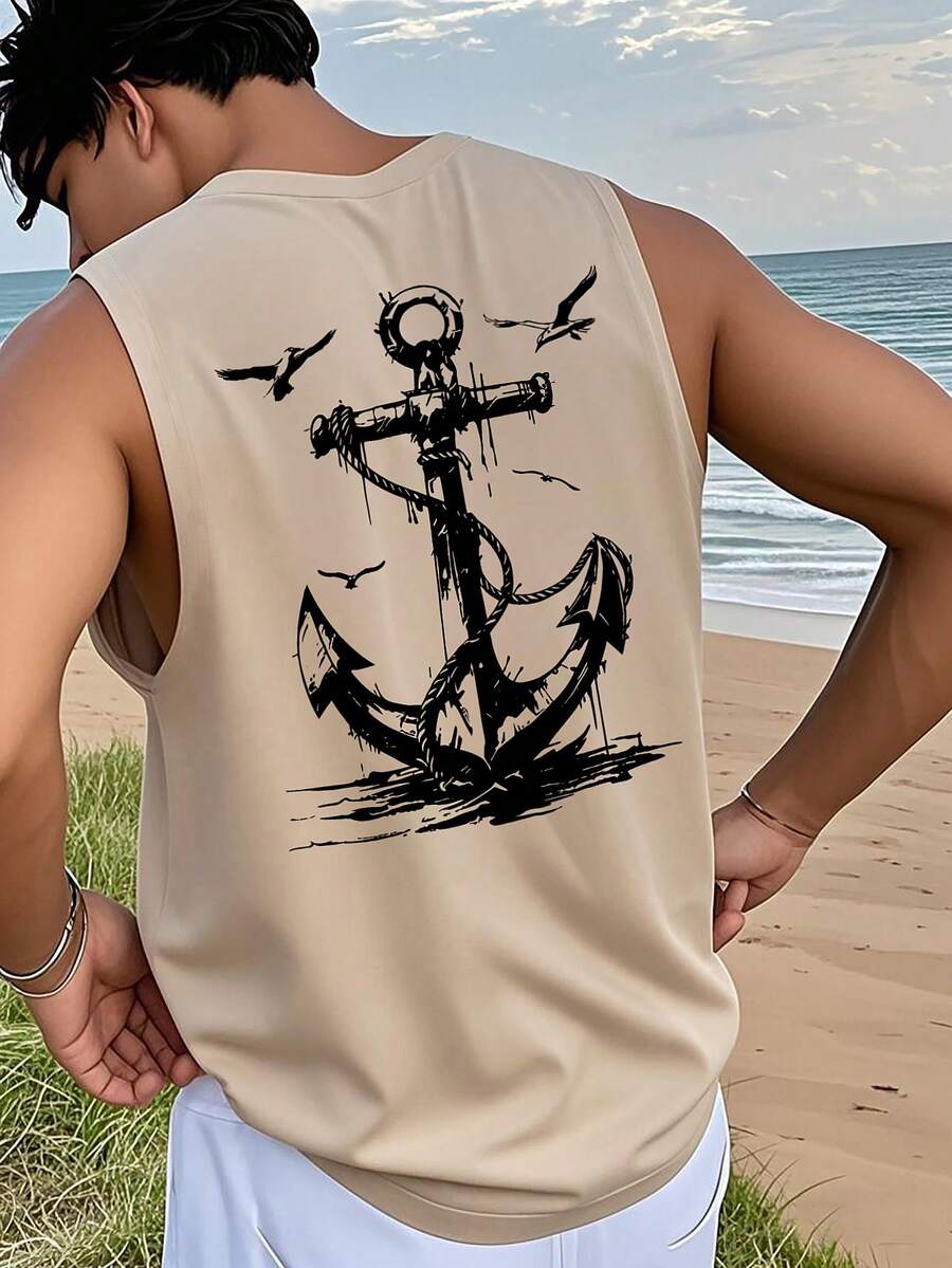 1 chiếc áo tank top nam mùa hè in hình chim mòng biển và mỏ neo, kiểu dáng thường ngày, không tay. - Màu be - Xem 1