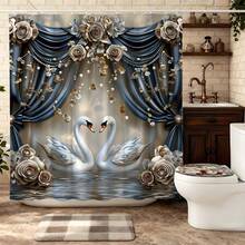Cortina de ducha con rosas y cisne azul y dorado, decoración romántica para el baño, juego de baño de lujo con cortina de ducha, cortina de baño impermeable, decoración elegante para el baño, juego de baño que incluye cortina de ducha, cortina de baño azul y dorada, cortina de partición de baño sofisticada, decoración de baño con tema de boda, cortina de baño de tela gruesa, juego de baño opulento para el hogar - Azul y blanco - Ver 1