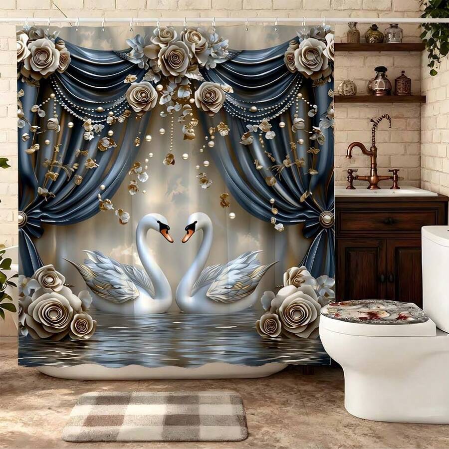 Cortina de ducha con rosas y cisne azul y dorado, decoración romántica para el baño, juego de baño de lujo con cortina de ducha, cortina de baño impermeable, decoración elegante para el baño, juego de baño que incluye cortina de ducha, cortina de baño azul y dorada, cortina de partición de baño sofisticada, decoración de baño con tema de boda, cortina de baño de tela gruesa, juego de baño opulento para el hogar - Azul y blanco - Ver 1