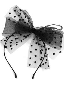 新款欧美派对波点大蝴蝶结蕾丝发箍，多层薄纱发圈发夹新娘发饰 - 黑色 - 查看 1