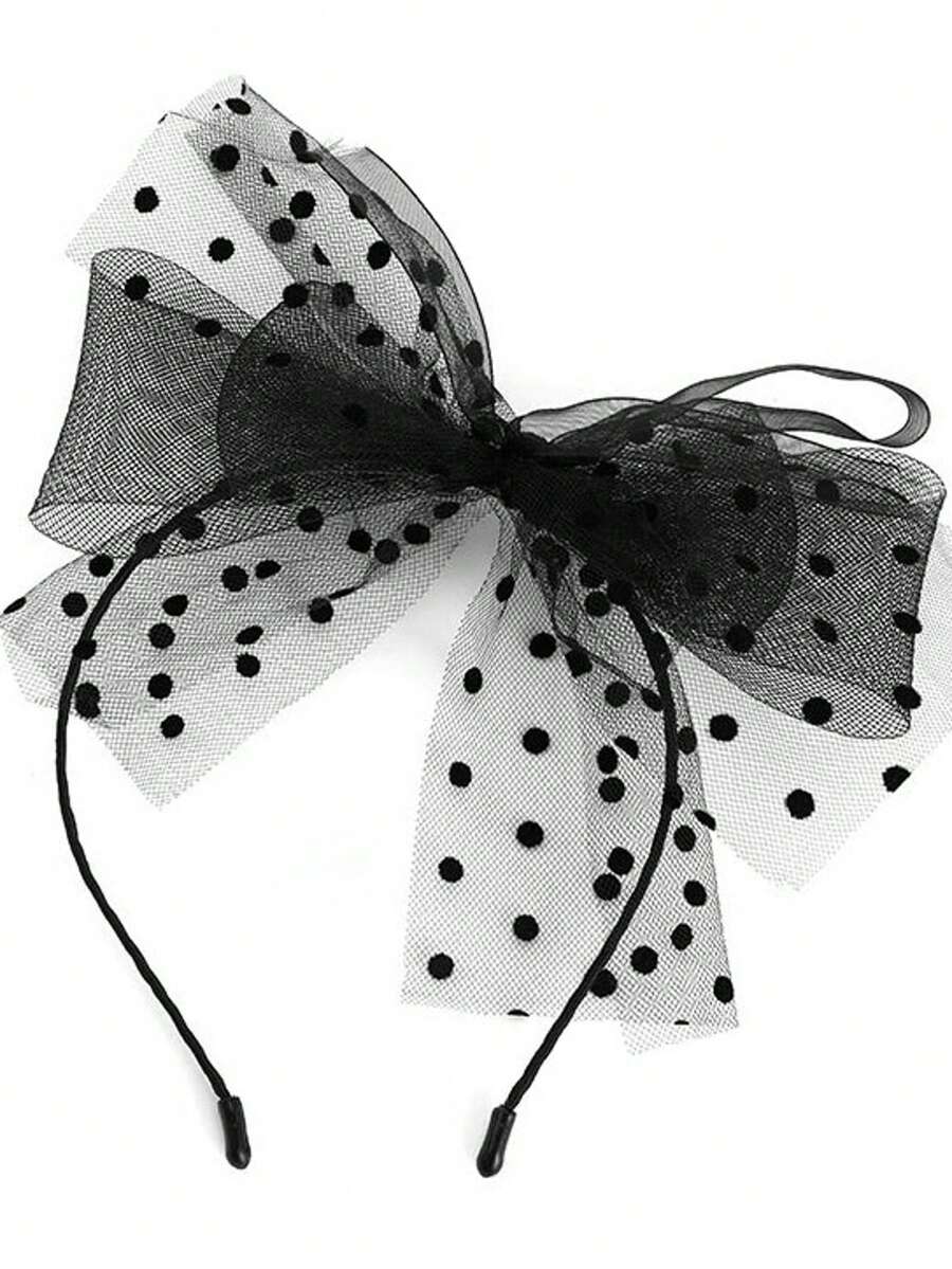 新款欧美派对波点大蝴蝶结蕾丝发箍，多层薄纱发圈发夹新娘发饰 - 黑色 - 查看 1