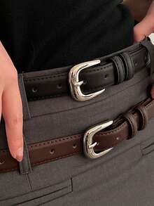 Women's Simple Yet Elegant Shiny Silver Buckle Leather Belt, Decorative For Students And Youth, Korean Style Fall, Autumn, Halloween - 黑色 - 查看 3