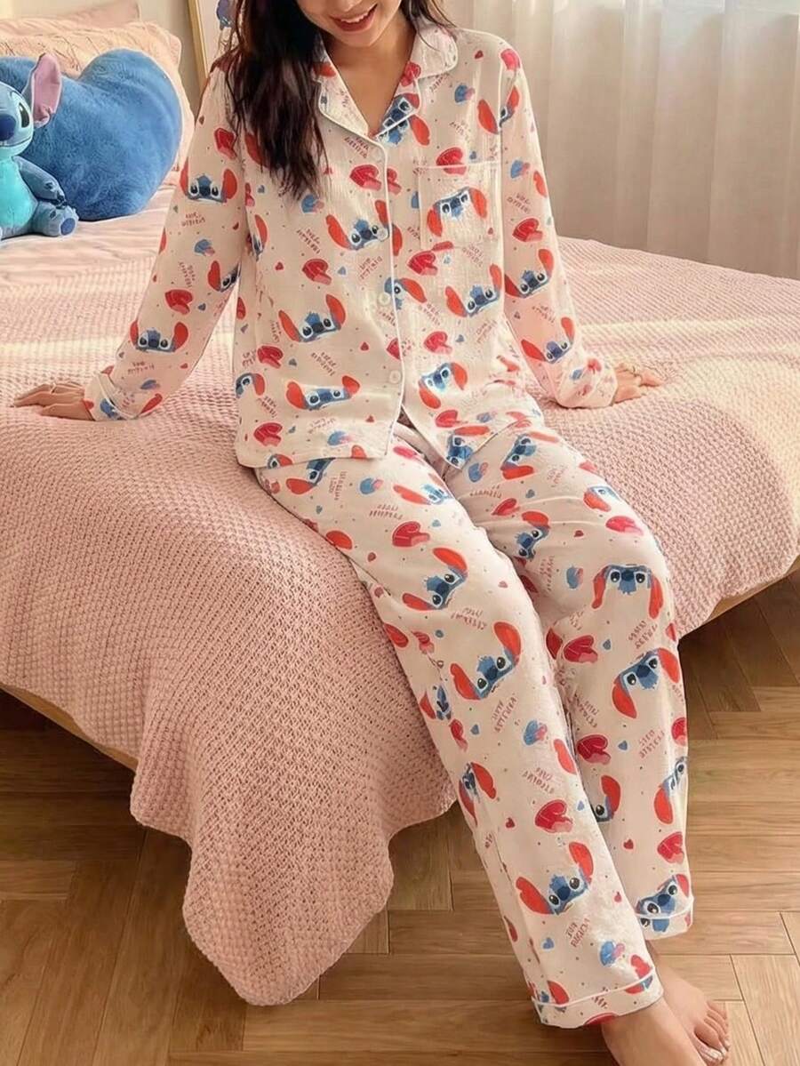 Disney Bộ đồ ngủ nữ 2 món gồm áo khoác cardigan in hình trái tim và quần dài tay xếp ly kiểu dáng thường ngày. - trắng - Xem 1