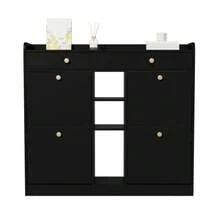 Élégant meuble à chaussures noir avec 4 portes à charnières, 2 tiroirs et 3 compartiments ouverts – idéal pour les entrées et couloirs modernes, dimensions 110 x 26 x 100 cm - Voir 6