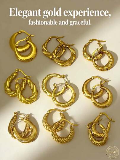 18-Piece Set - (Various Styles) Gold Earrings, Made Of Stainless Steel, Multi-Element Design, Elegant Style, Hypoallergenic Stainless Steel Earrings Set, Is An Ideal Earring Gift For Your Best Friend.