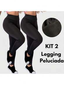 Kit 2 Calça Termica Flanelada Legging Academia Suplex Grossa Modeladora Leg Cintura Alta Peluciada - Preto - Visão 1