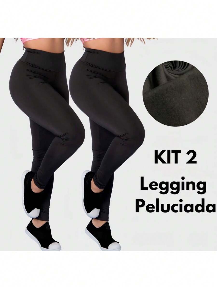 Kit 2 Calça Termica Flanelada Legging Academia Suplex Grossa Modeladora Leg Cintura Alta Peluciada - Preto - Visão 1