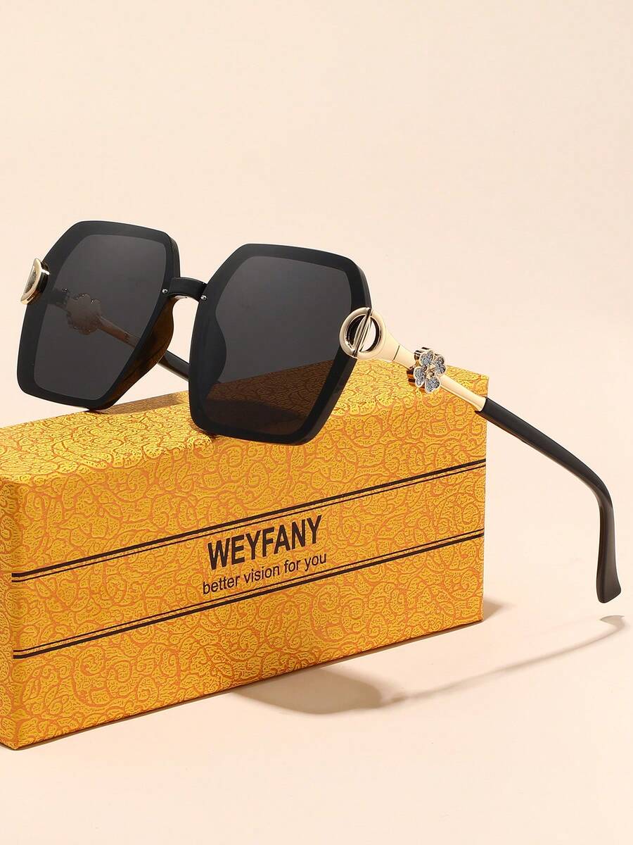 WEYFANY 女士时尚太阳镜，大码女士多边形偏光太阳镜，镜腿饰有水钻，TAC材质轻盈耐用，佩戴舒适，优雅复古简约百搭时尚镜框 - 彩色 - 查看 1