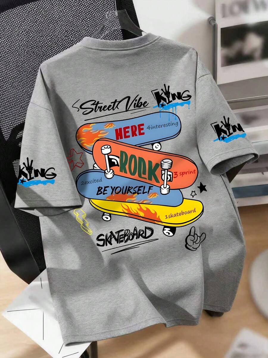 Teenage Boys' Skateboard Print Round Neck T-Shirt, Casual Soft Top For Summer - Grey - View 1