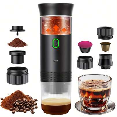 3-In-1 Portable Electric Coffee Maker, Type-C Interface (Includes 2500mAh Lithium Battery). Hot & Cold Dual Mode + Wireless Heating + 20Bar High Pressure Extraction. 60s Fast Heating + 60ml Capacity (40 Cups Battery Life). Compact & Portable, Suitable For Ground Coffee/Capsules. Ideal For Home/Office/Camping/Travel Use.