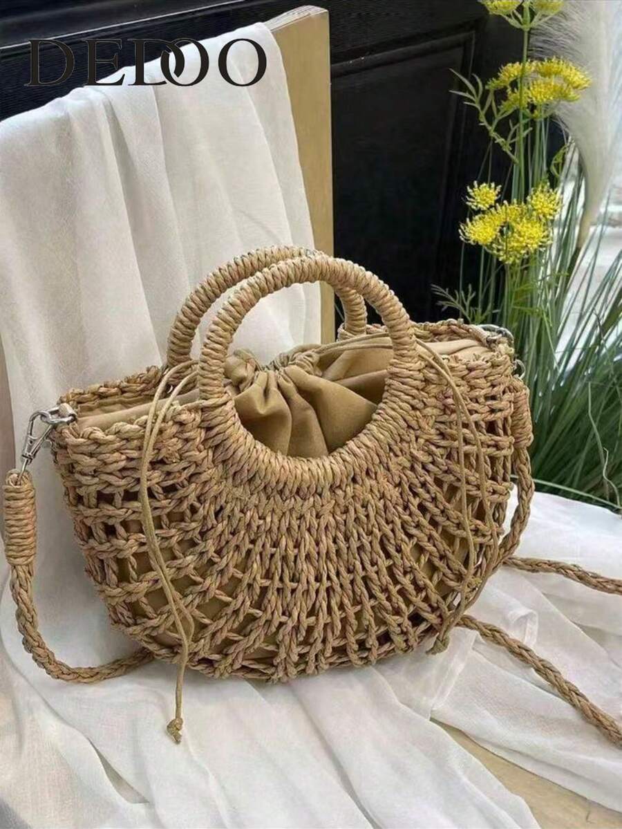 1pc Half-Moon Hollow Out Handbag, Fashionable Beach Vacation Straw Woven Bag,Vacation Bag For Summer, Perfect For Beach Vacation, Travel, Shopping, And Vacation Essentials, Eye-Catching Beach Bag Summer, Summer Straw Beach Bag For Women, Hottest Beach Bags For Women, Fashion Summer Vacation Bag, Beach Essentials Women Bags For Vacation & Holiday, Newest Holiday Bag ,Vacation Essentials , Beach Bag - 卡其色 - 查看 1