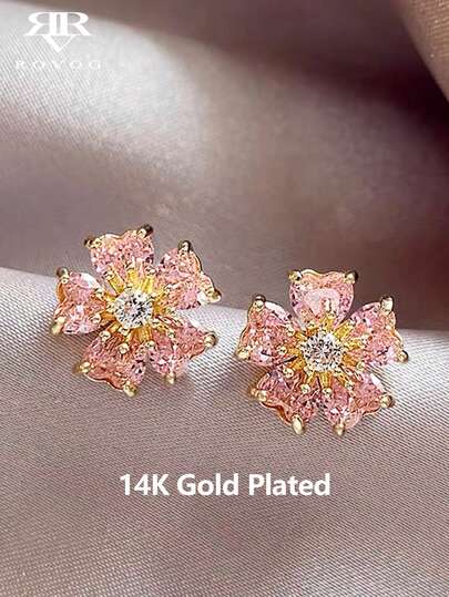 1 Pair Delicate Pink Flower 14K Plated Earrings Inlaid With Cubic Zirconia, Suitable For Party, Vacation, Date, Gift, Made With Vacuum Plating, Copper Earrings For Daily Wear