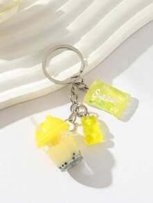 1pc Plastic Cat Head Pearl Milk Tea Cup Keychain - Multicolor - View 4