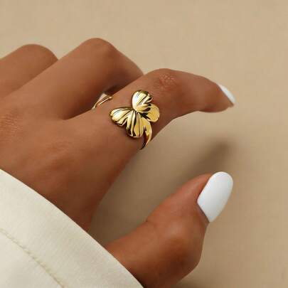 1pc Stainless Steel Leaf Design Ring, Luxury Personalized Accessory For Women