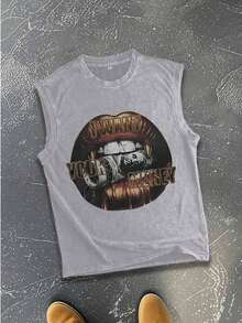 (240g Sleeveless Pure Cotton Washed Vest) 'FLYRICH' 240g Spring_Summer Heavyweight Pure Cotton Washed Vest With Lips Print, Suitable For Daily Wear _  USA - 灰色 - 查看 2