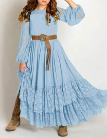 2026 Girls Elegant Lace Flower Boho Dress Long Sleeve Backless Square Neck Ruffle Party Maxi Dress - 09 Biru Muda - View 2