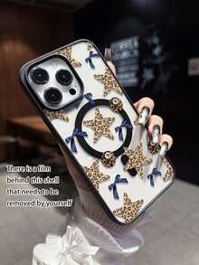 豹纹、星星、蓝色蝴蝶结印花黑色磁吸指环手机壳，兼容三星S24/S25/S23 S系列和A55/A15/A15 A系列、17、16 Pro Max、14/13、12、11 Pro Max、XS Max、X、XR、8、7、Plus、Mini，适合作为生日礼物，送给女朋友、男朋友或自用。 - 彩色 - 查看 4