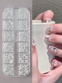 1.5/2/2.5/3/4/5Mm Mixed Half Pearl Nail Charms 1 Box Of Flat-Back White Half Round Pearls Flat-Back White Pearl Home And Professional Nail Art, Face Makeup And (1.5/2/2.5/3/4/5Mm) Nail Gems Nail Supplies Nails - White - 查看 3