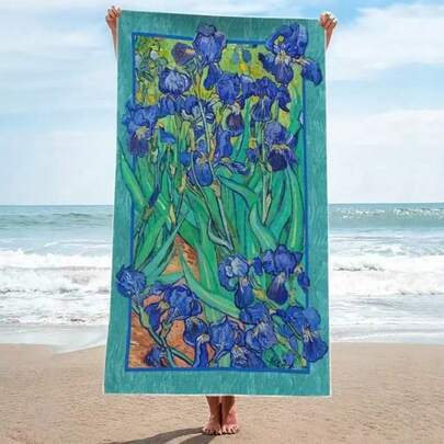 GEL HUT MUN 1pc Van Gogh Iris Beach Towel: Summer Art Design, Quick-Dry Polyester Anti-Sand Anti-UV Large Beach Towel, Lightweight & Comfortable, Essential For Surfing, Swimming And Yoga, Beach Accessory, Van Gogh Pattern