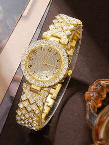 6pcs/Set Elegant Casual Luxury Women's Quartz Watches With Crystal Dial And Alloy Strap, Gift For Her - Gold - View 5