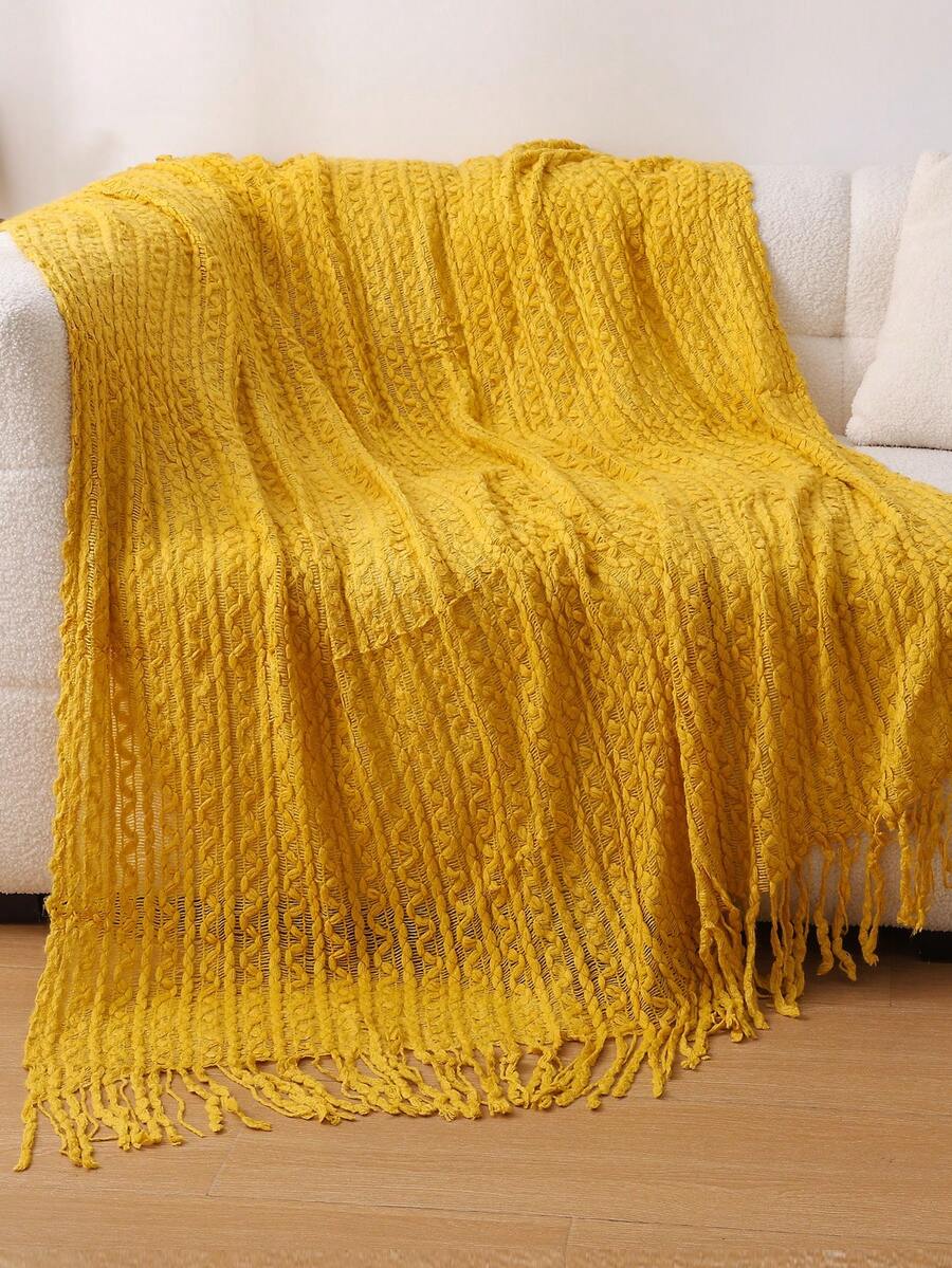 Cozy Knit Blanket With Ruffle Detail All-Season, Multi-Purpose & Comfortable For Camping, Sofa, Sunbathing, And Napping, Camping Essentials Ruffle Trim Blanket Knit, Camping Blanket - Wheat Ear Scarf Yellow - View 1