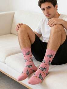 1 双男士粉色底灰色兔子胡萝卜图案中筒袜，四季皆宜 - 彩色 - 查看 7