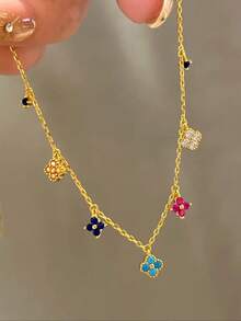 1pc Copper & Glass Delicate Lucky Four-Leaf Clover Flower Necklace, Sweet & Elegant Style For Women - Color - View 5