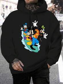 Disney Mickey Mouse, Tigger, And Goofy Surfing Pattern Men's Sweatshirt, Regular Fit, Machine Washable, Suitable For Casual Wear In Autumn And Winter, Cartoon Character Design, Comfortable Fabric, Detailed Description, Easy To Care For, Suitable As A Gift, Birthday Gift, Or Present. - 黑色 - 查看 2