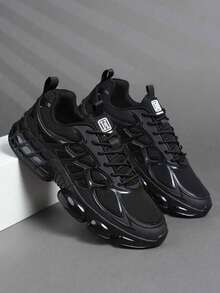 2026 Latest Men's Sneakers, All Black Thick Sole Chunky Sneakers, Increase Height, Shock Absorption, Breathable Mesh, Street Style, Leather & Mesh Combination, Marathon Running Shoes, Large Size 46, Fashionable Handsome Men Shoes - màu đen - Xem 8